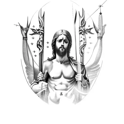 Sleeve with Saint Sebastian with Saint Michael, mother Mary and Jesus  tattoo design idea