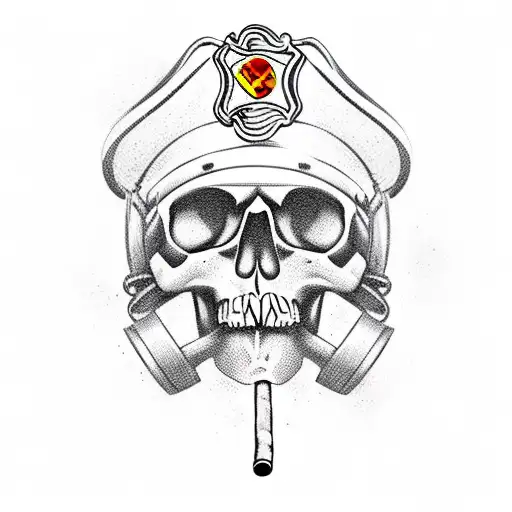 firefighter helmet, skull, smoking cigar tattoo design idea