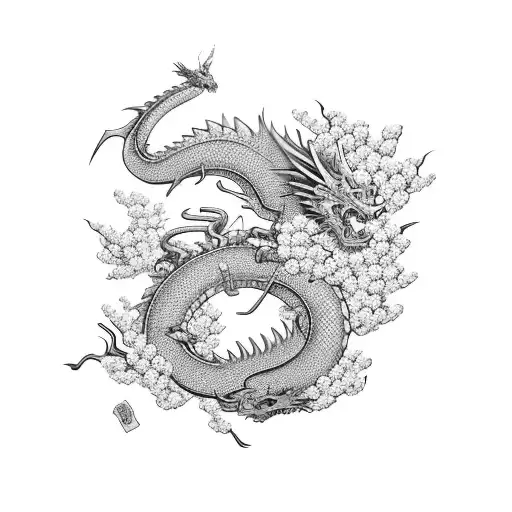 japanese cherry blossom with a dragon and torii gate tattoo design idea