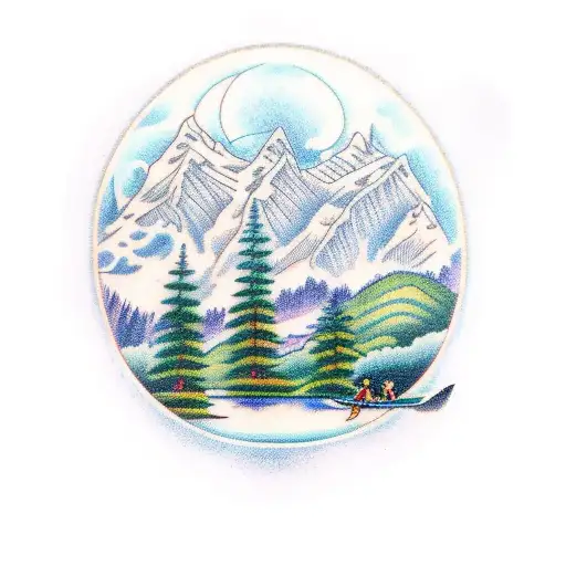 A traditional tattoo of a serene lake surrounded by lush greenery, with a skier gracefully carving through the water and a dog happily splashing nearby tattoo design idea