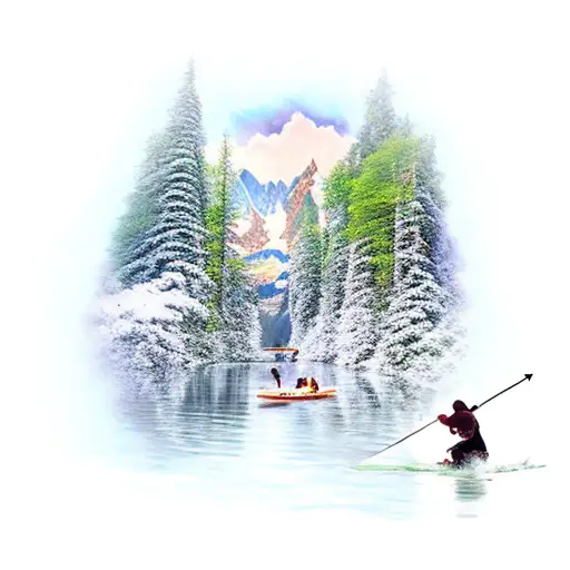 A traditional tattoo of a serene lake surrounded by lush greenery, with a skier gracefully carving through the water and a dog happily splashing nearby tattoo design idea