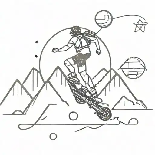 minimalist line tatoo with hydrogen atom, rollerblade, mountain, paraglider  tattoo design idea