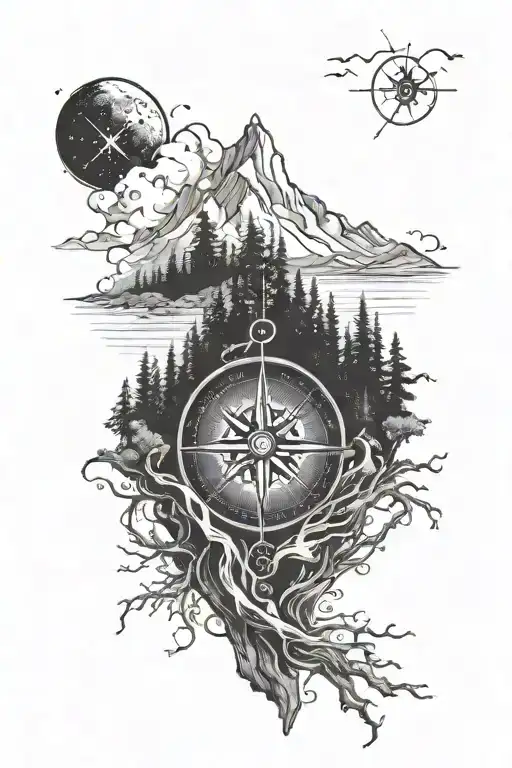 A river flows through a dark forest into a mountain of light. Above the mountain is a compass.  tattoo design idea