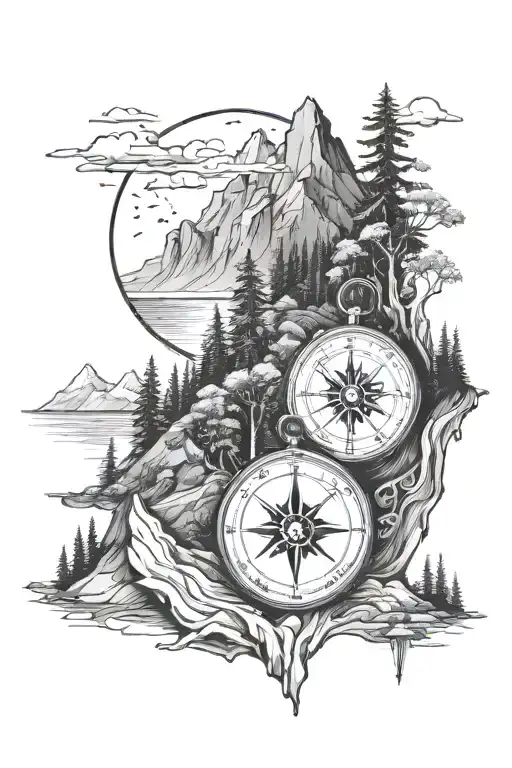 A river flows through a dark forest into a mountain of light. A compass is above the mountain. tattoo design idea