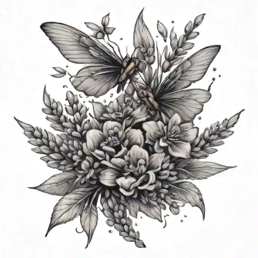 small bouquet of lavender with dainty fairies flying tattoo design idea
