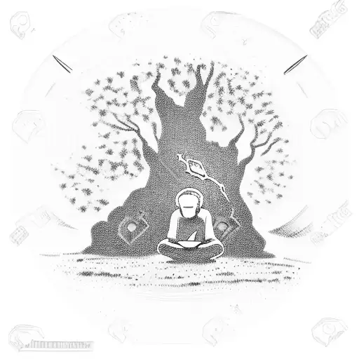 man under the tree holding a book, with faith, hope, love and authority around and word gemini beneath all black and whi tattoo design idea