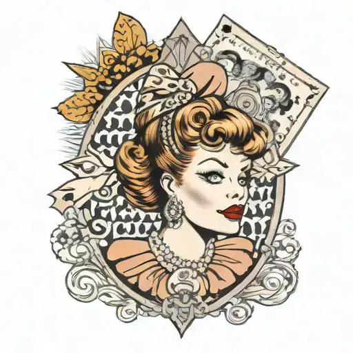 A whimsical illustration of Lucille Ball in a traditional tattoo style, surrounded by drama masks and theater curtains tattoo design idea