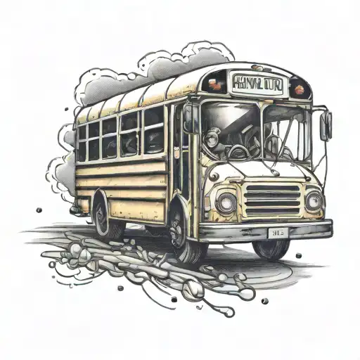 Create a tattoo of a school bus with a band playing inside, using dotwork technique tattoo design idea