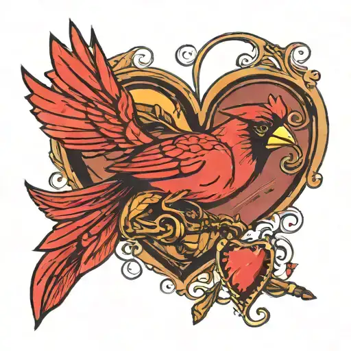A heart-shaped fishing lure with a cardinal sitting on top tattoo design idea