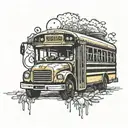 Create a tattoo of a school bus with a band playing inside, using dotwork technique tattoo design idea