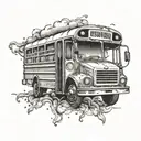 Create a tattoo of a school bus with a band playing inside, using dotwork technique tattoo design idea