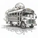 Create a tattoo of a school bus with a band playing inside, using dotwork technique tattoo design idea