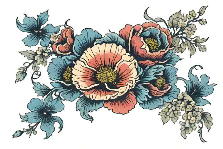 Full Arm sleeve from wrist to neck. Different solid colored poppy flowers of different sizes, hundreds. No stems or buds tattoo design idea