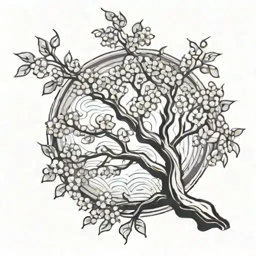 A stylized black and grey tattoo of a cherry tree with Bea's name written in the branches, showcasing the enduring love and connection you have with your beloved pet tattoo design idea