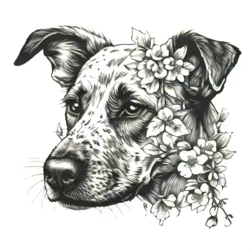 A detailed portrait of your dog Bea with a cherry blossom branch framing her face, representing her eternal presence in your life tattoo design idea