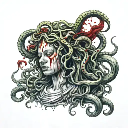 Medusa with melting face crying blood tattoo design idea
