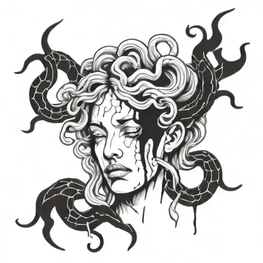 Medusa with face melting and crying blood tattoo design idea