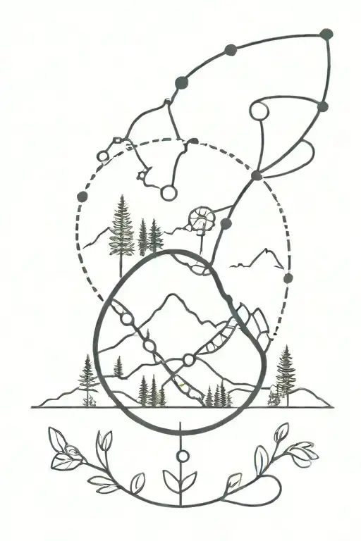 A minimalist design of a DNA strand with nature elements like trees and mountains, symbolizing the connection between medicine and nature tattoo design idea