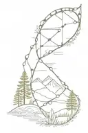 A minimalist design of a DNA strand with nature elements like trees and mountains, symbolizing the connection between medicine and nature tattoo design idea