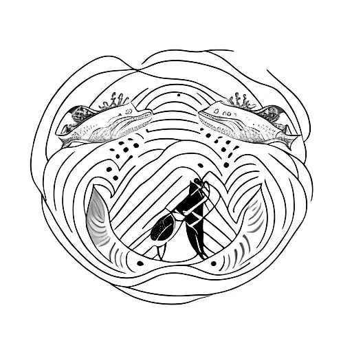 A minimalist tattoo of a drummer surrounded by waves and whales, representing the client's passion for music and love for the sea. tattoo design idea
