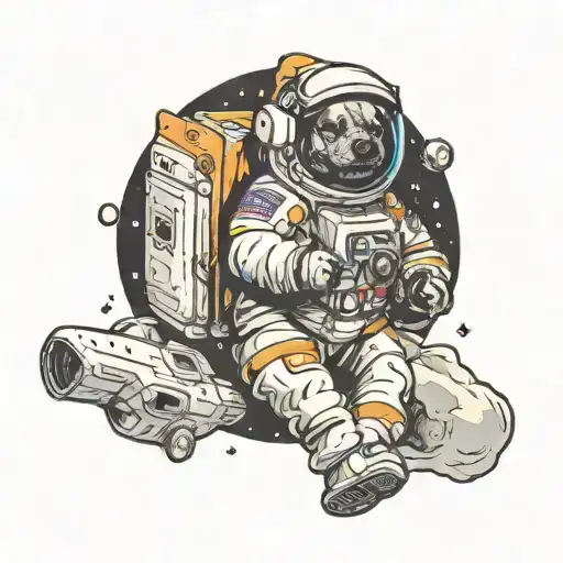 Dog black astronaut floating in space tattoo design idea
