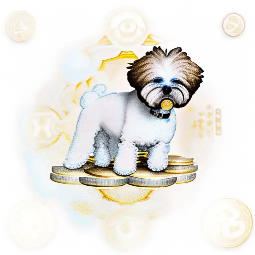 A tattoo of a bichon maltese sitting on a pile of gold coins, with magic mushrooms growing around it, representing the client's favorite things and passions tattoo design idea