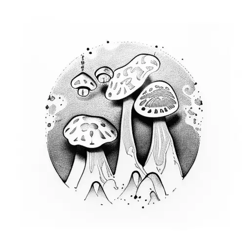 A tattoo of a psychedelic mushroom garden with musical instruments scattered around, inspired by the client's interests in music and magic mushrooms tattoo design idea