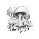 A tattoo of a psychedelic mushroom garden with musical instruments scattered around, inspired by the client's interests in music and magic mushrooms tattoo design idea