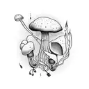 A tattoo of a psychedelic mushroom garden with musical instruments scattered around, inspired by the client's interests in music and magic mushrooms tattoo design idea