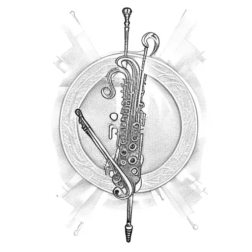 a staff, with the treble clef, notes, a clarinet, a tuba and a snare drum tattoo design idea
