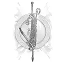 a staff, with the treble clef, notes, a clarinet, a tuba and a snare drum tattoo design idea