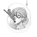 a staff, with the treble clef, notes, a clarinet, a tuba and a snare drum tattoo design idea