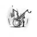 a staff, with the treble clef, notes, a clarinet, a tuba and a snare drum tattoo design idea