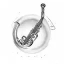 a staff, with the treble clef, notes, a clarinet, a tuba and a snare drum tattoo design idea