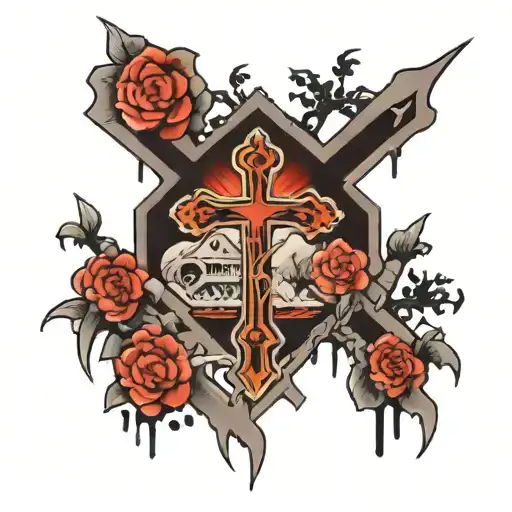 cross and japanese temple tattoo design idea