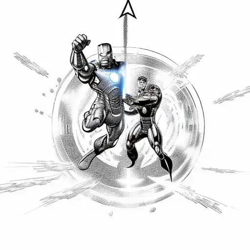 A dynamic composition featuring Iron Man and Captain America in a fierce battle, with Thor summoning lightning in the background. tattoo design idea