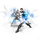 A dynamic composition featuring Iron Man and Captain America in a fierce battle, with Thor summoning lightning in the background. tattoo design idea