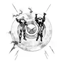 A dynamic composition featuring Iron Man and Captain America in a fierce battle, with Thor summoning lightning in the background. tattoo design idea