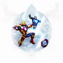 A dynamic composition featuring Iron Man and Captain America in a fierce battle, with Thor summoning lightning in the background. tattoo design idea