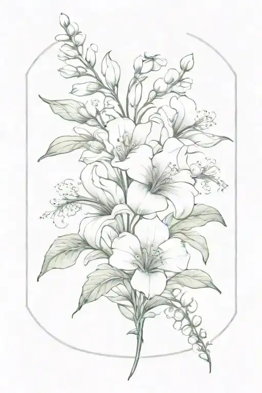 sweet pea flower, larkspur flower, lily of the valley flower, bouquet  tattoo design idea