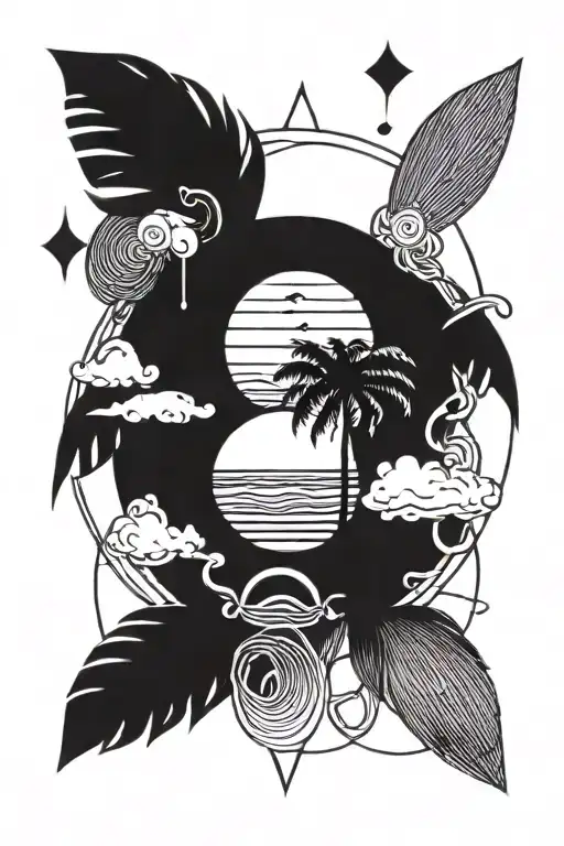 sun with water wave,palm tree karma circle shape and gemomatrical Trangle  tattoo design idea