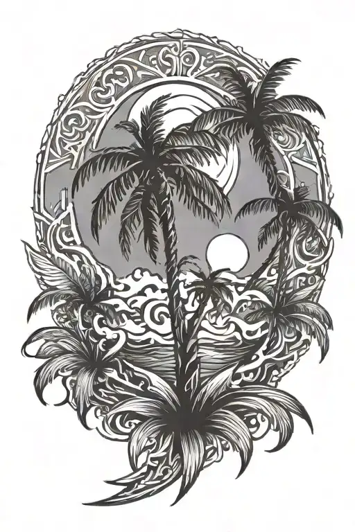 sun with water wave,palm tree karma circle shape and gemomatrical Trangle  tattoo design idea