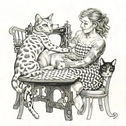 Black and white tattoo of a white woman with her two cats and she’s sewing a quilt in modern times. Viewing from behind, tattoo design idea
