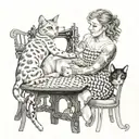 Black and white tattoo of a white woman with her two cats and she’s sewing a quilt in modern times. Viewing from behind, tattoo design idea