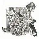 Black and white tattoo of a white woman with her two cats and she’s sewing a quilt in modern times. Viewing from behind, tattoo design idea