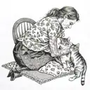 Black and white tattoo of a white woman with her two cats and she’s sewing a quilt in modern times. Viewing from behind, tattoo design idea