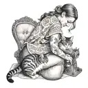 Black and white tattoo of a white woman with her two cats and she’s sewing a quilt in modern times. Viewing from behind, tattoo design idea