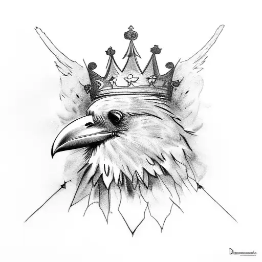 "A raven with a crown, in which one wing has a sun and the other wing has a bull's head." tattoo design idea