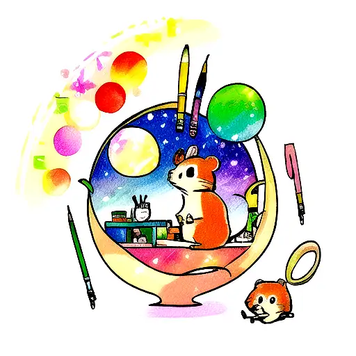A cute hamster sitting on a crescent moon surrounded by colorful paintbrushes and art supplies tattoo design idea