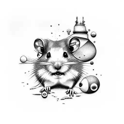 A dotwork tattoo of a hamster peeking out of an artist's paint palette tattoo design idea
